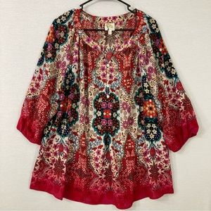 fig and flower Cream Multicolor Floral Peasant Blouse with Pink Hem
